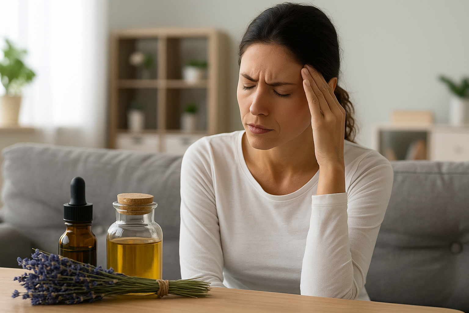A young woman massaging her temples while holding a bottle of essential oil