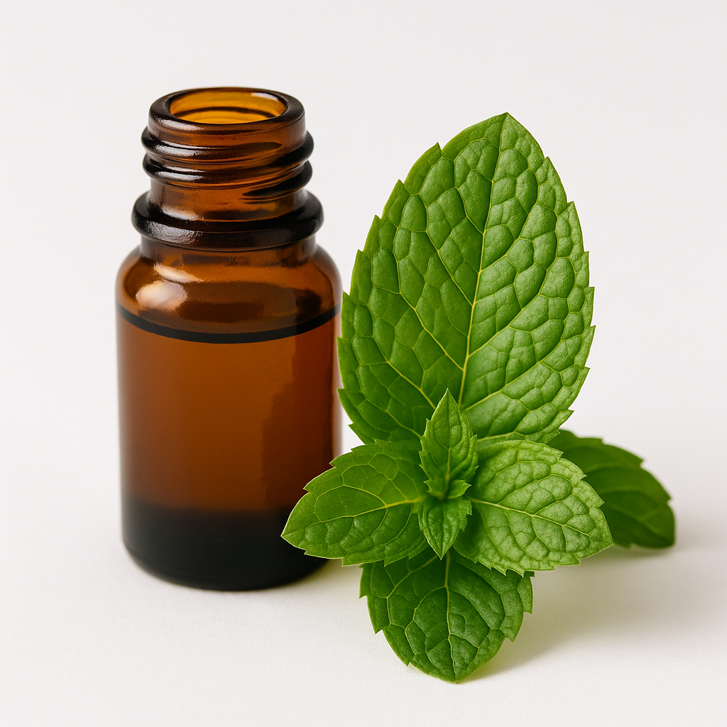 Amber glass bottle of peppermint essential oil with fresh mint leaves