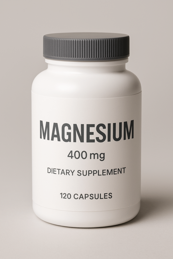 White bottle of magnesium tablets with capsules spilled beside it
