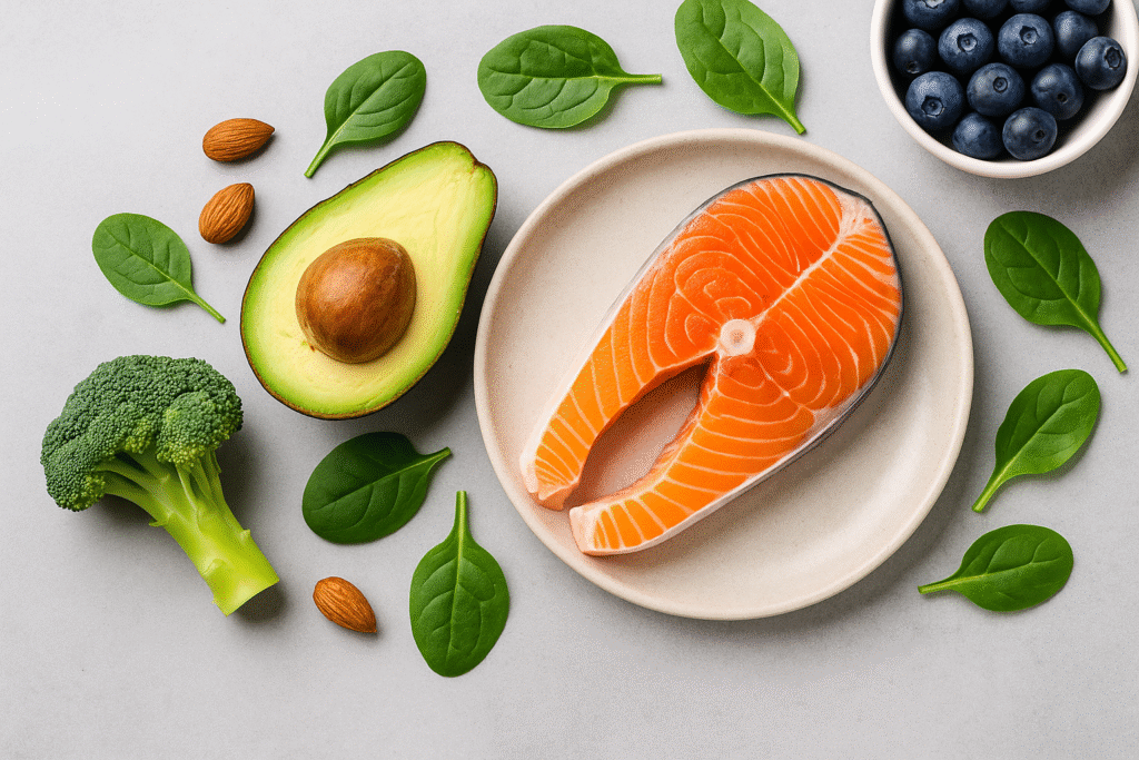 Fresh salmon, leafy greens, avocado, and berries on a wooden table